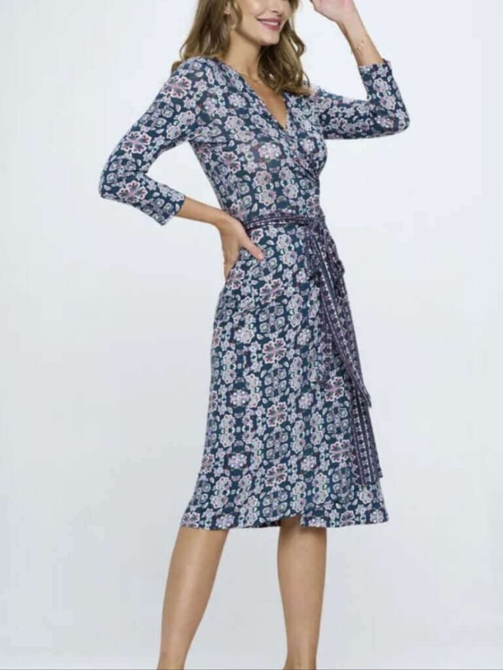 Renee C. Navy Floral Wrap Midi Dress with Pink Accentssz XL Feminine